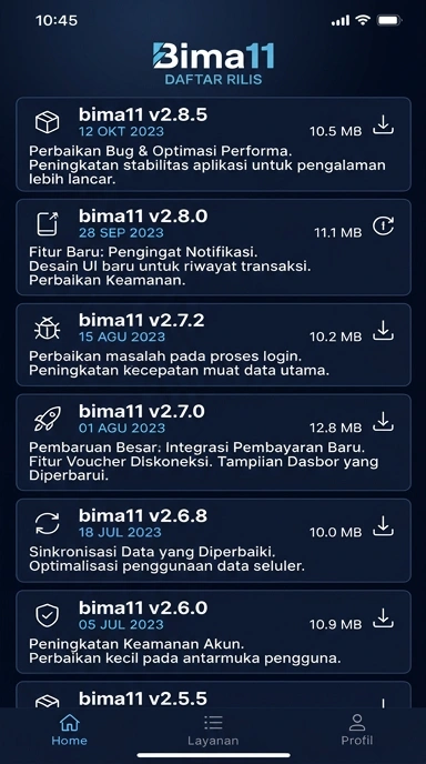 Tampilan riwayat versi bima11